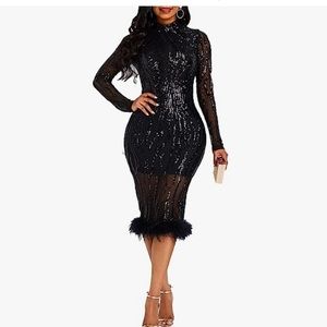 Sequins Bodycon Dress Long Sleeve Dress Elegant Plume Maxi Dress Party Dress